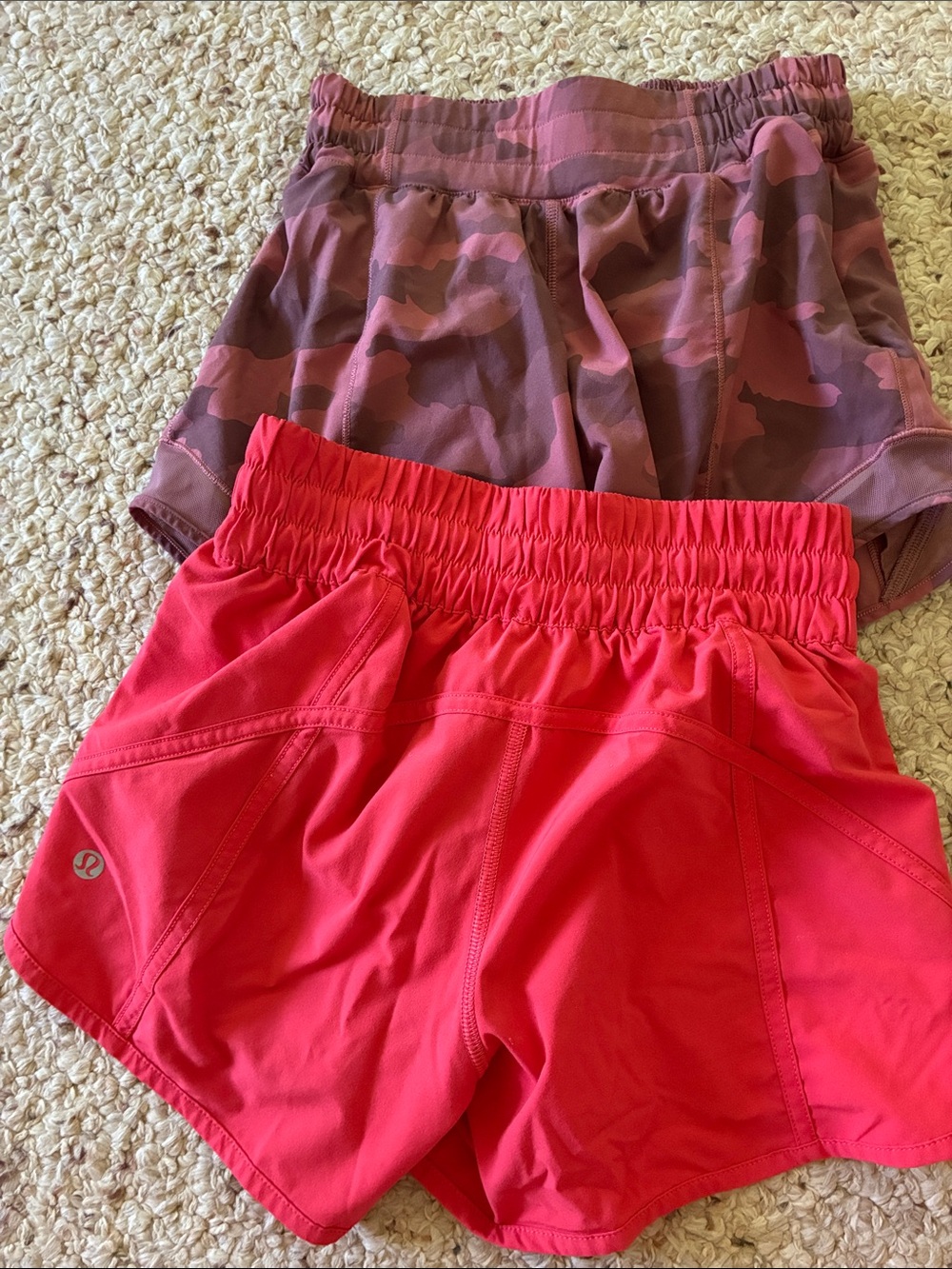 Lululemon Hot Pink Athletic Shorts + Mauve Camo Lined Shorts Duo